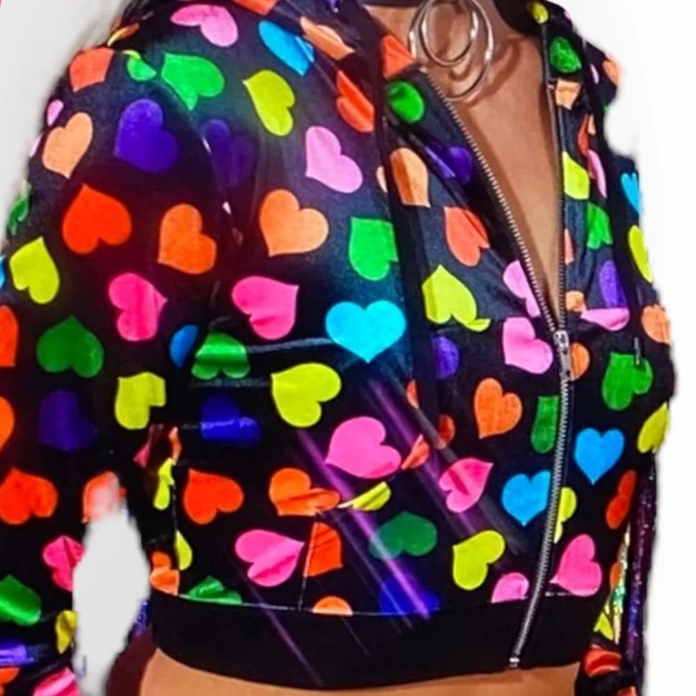 Colorful Hearts Velvet Hooded Zip-Up Cropped Jacket Plus Size NWT